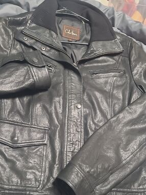 Cole Haan Black Leather Bomber Jacket with Ribbed Collar